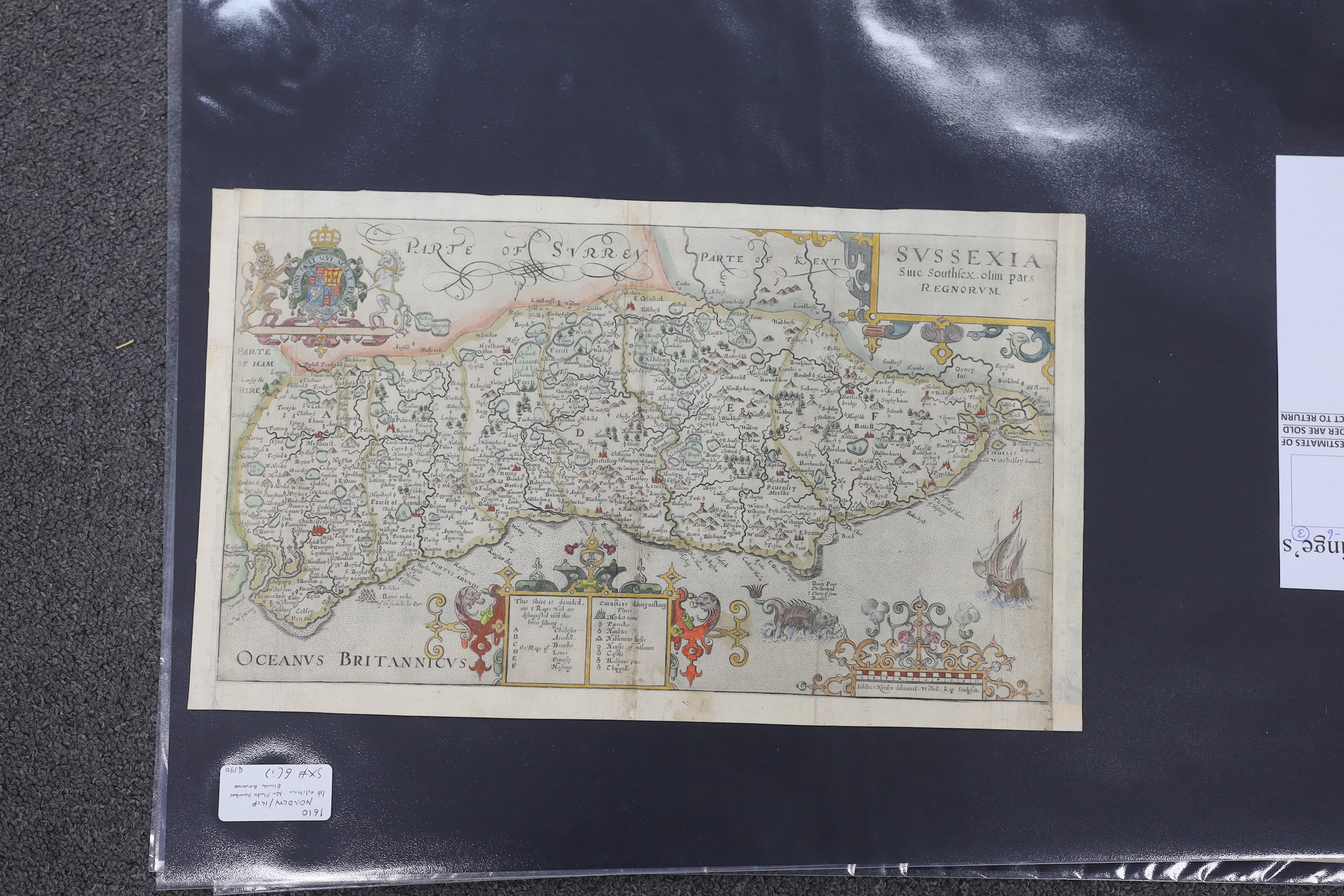 Three unframed 17th century maps of Sussex; a Norden and Kip map, 25 x 41cm, a John Speed, 41 x 54cm and a John Overton, 37 x 54cm
